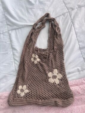 Hand-Knit Floral Crochet Shoulder Bag in Taupe